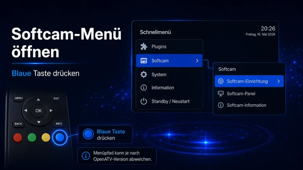 Softcam-Menü unter OpenATV öffnen und OSCam prüfen