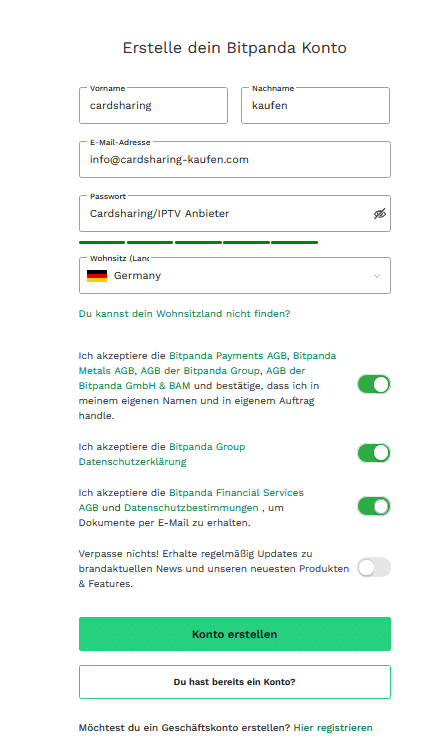 Bitpanda-Konto mit persönlichen Daten und sicherem Passwort erstellen