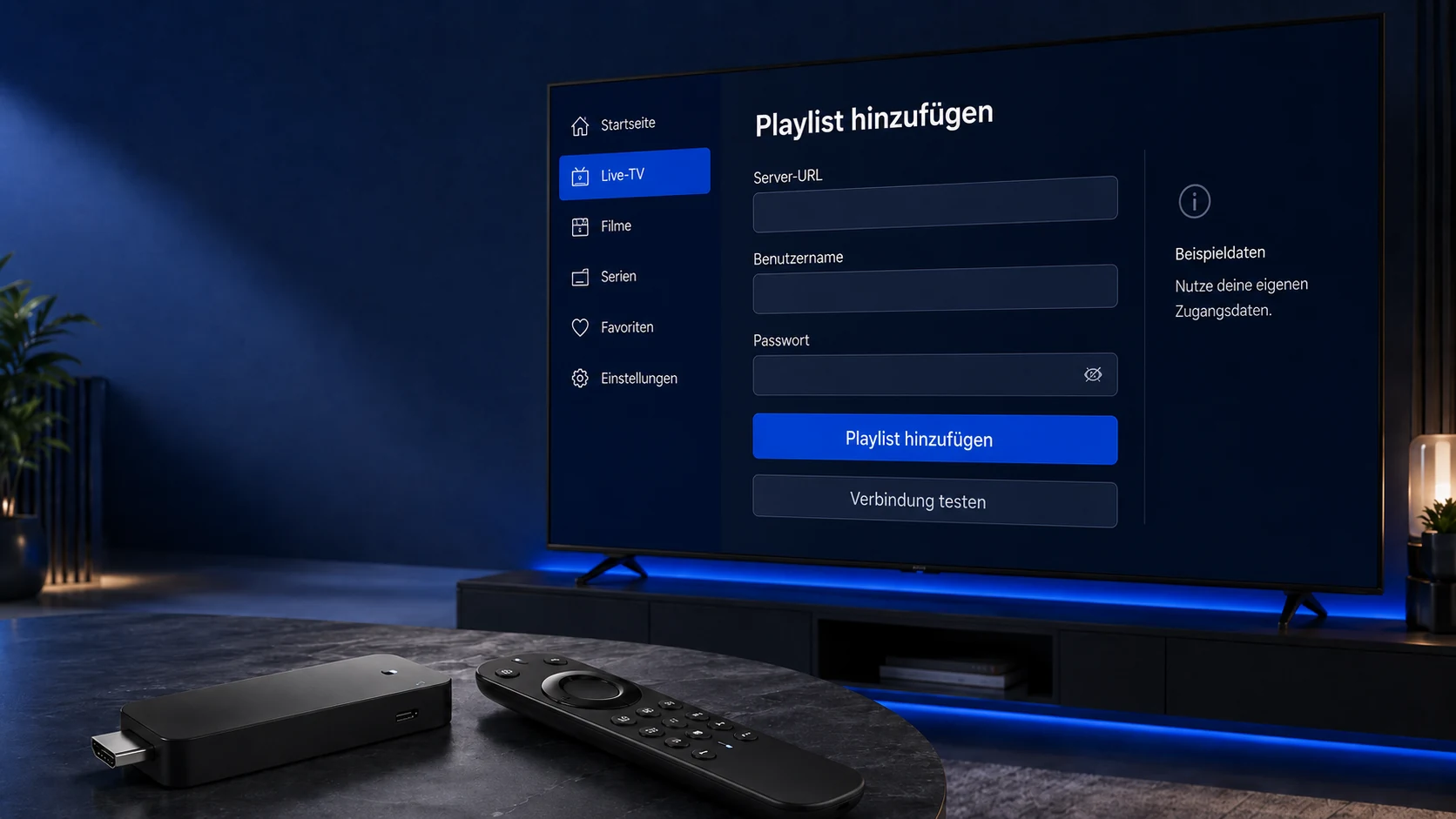 Playlist mit Server-URL Benutzername und Passwort in einem TV-Player einrichten